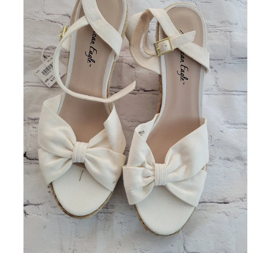 American Eagle Women Cream Canvas Bow Espadrille Wedge Sandals Size 10